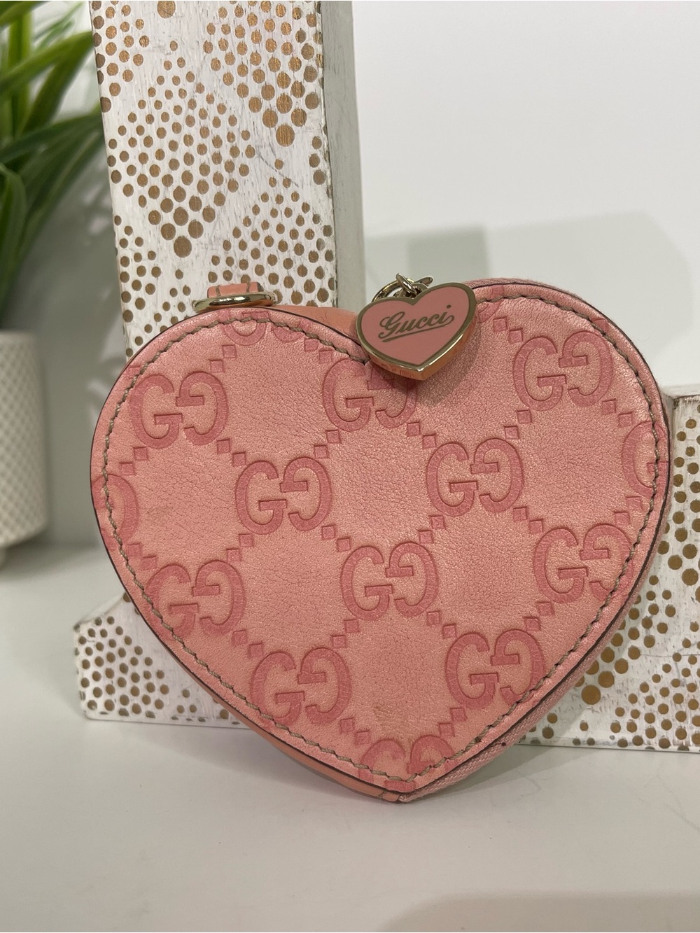 Gucci Pink Heart-Shaped Coin Pouch with Gold Heart Zipper